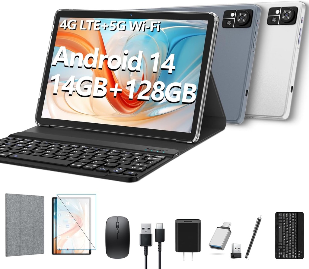 Tablet 10 inch 2025 Latest Android 14 Tablet with 128GB Rom+14GB Ram+2TB Expand, 4G Cellular Tablets with Dual Sim Slot, 2 in 1 Tablets with Case/Keyboard/Mouse, 5G Wifi, Octa-Core GPS 8000mAh (Grey)